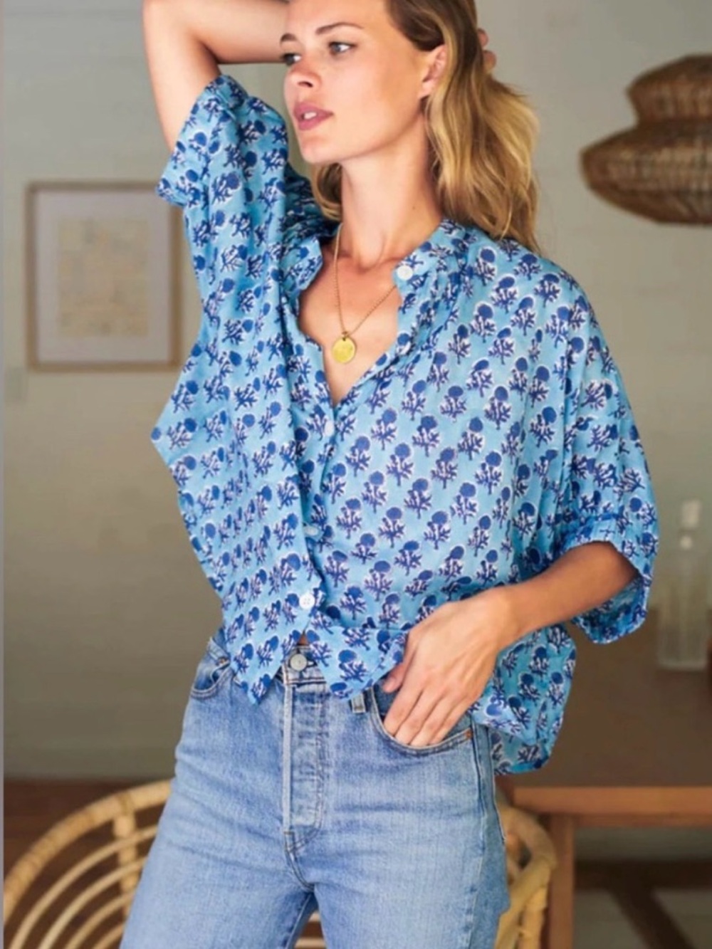 Emerson Fry Blue Floral Button-Front Top